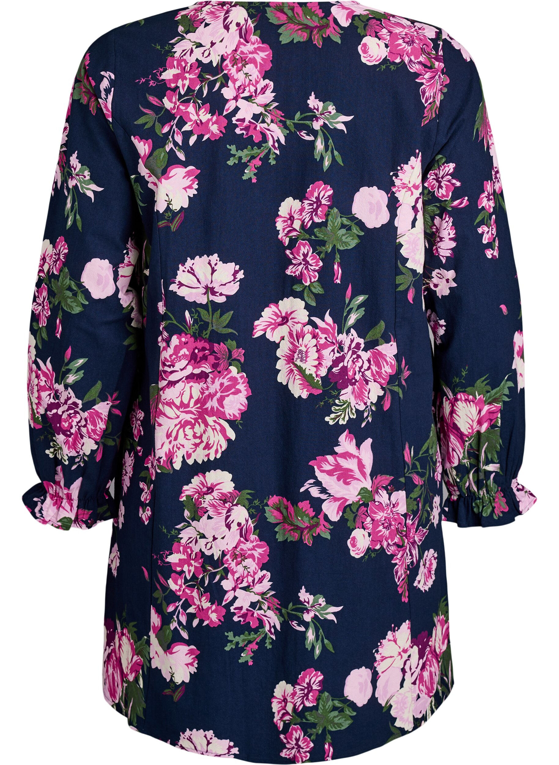 Zizzi Robe courte en coton avec col V et manches longues, Bleu, Packshot image number 1