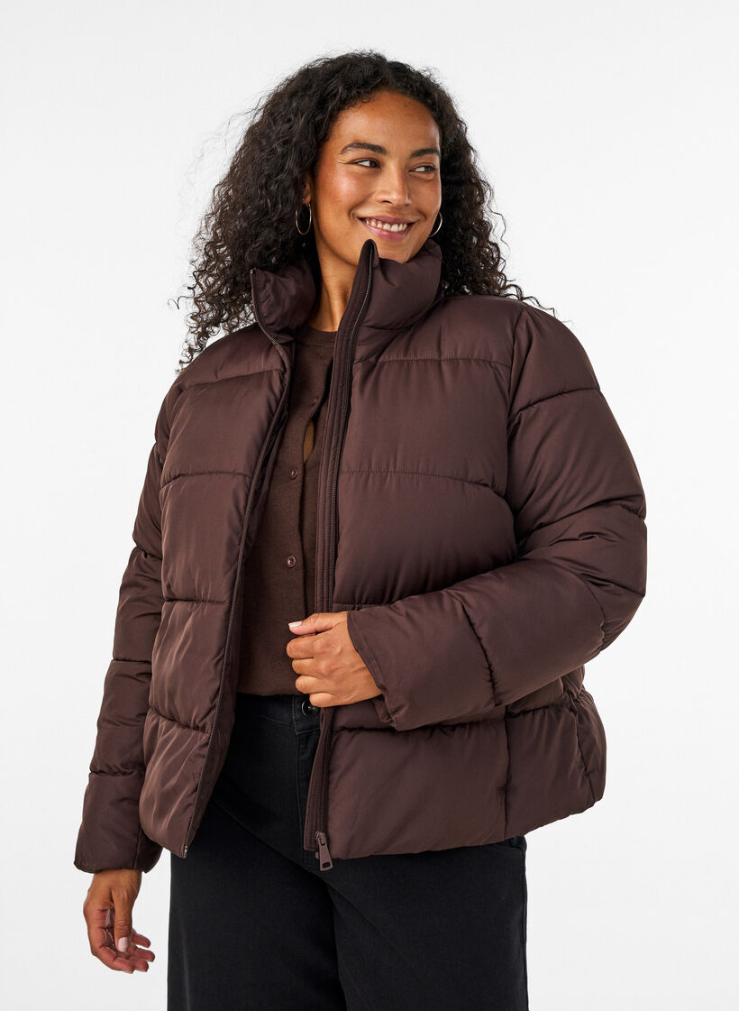 Korte pufferjas met hoge kraag, Bruin, Model image number 0