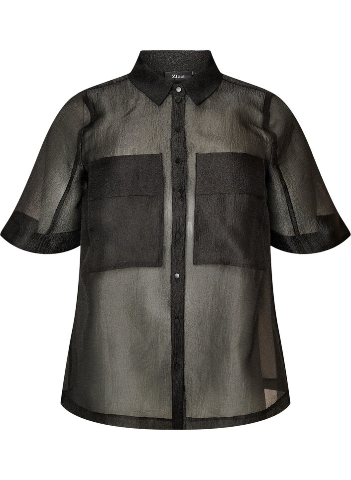 Transparant shirt met korte mouwen met borstzakken, Zwart, Packshot image number 0