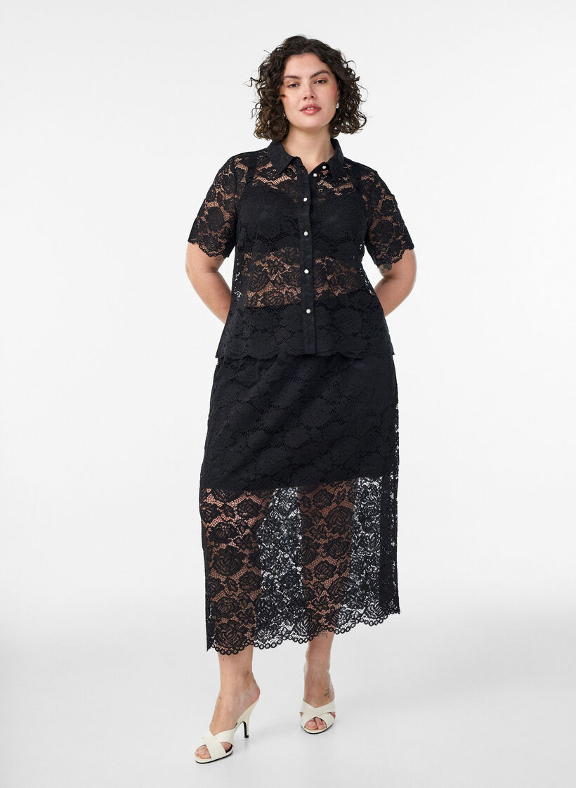 Jupe midi en dentelle avec taille &eacute;lastique, Noir, Model image number 0