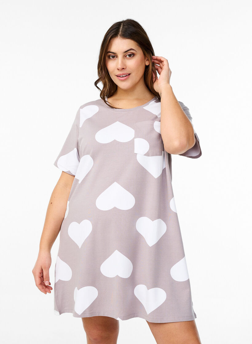 Long tee-shirt de nuit en mélange de modal et avec des coeurs, Gris, Model image number 0