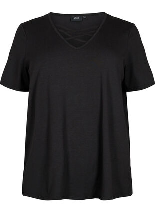 T-shirt avec col en V et détail croisé, Black, Packshot image number 0