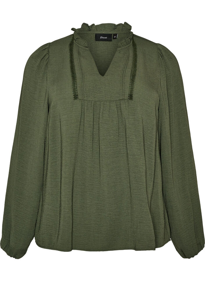 Blouse met V-hals en gehaakte sierband, Groen, Packshot image number 0