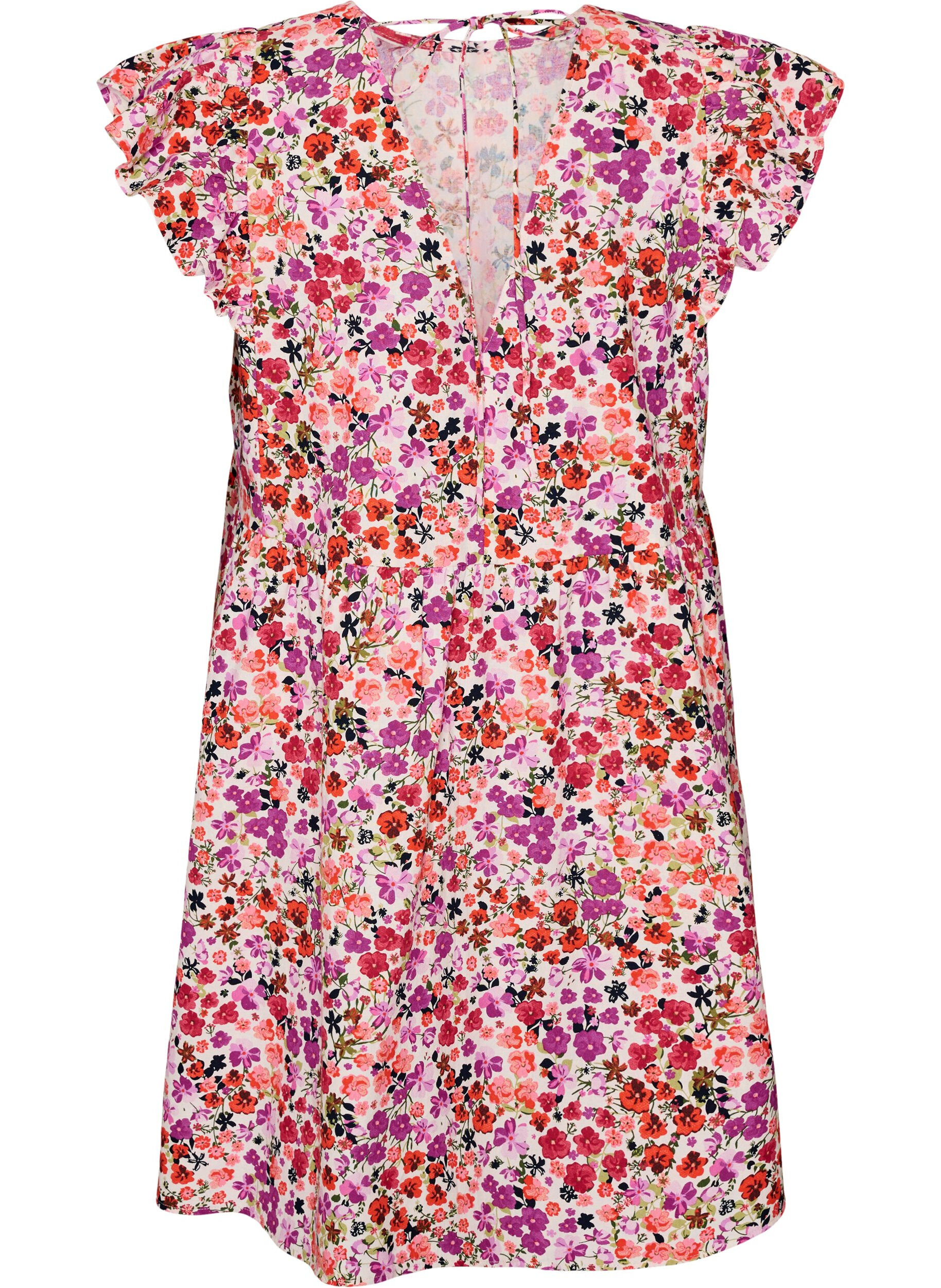 ZizziRobe fleurie en coton avec volants et col en V, Rose, Packshot image number 1