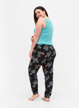 Pantalon de pyjama en coton avec imprimé floral, Black Flower AOP, Model image number 0