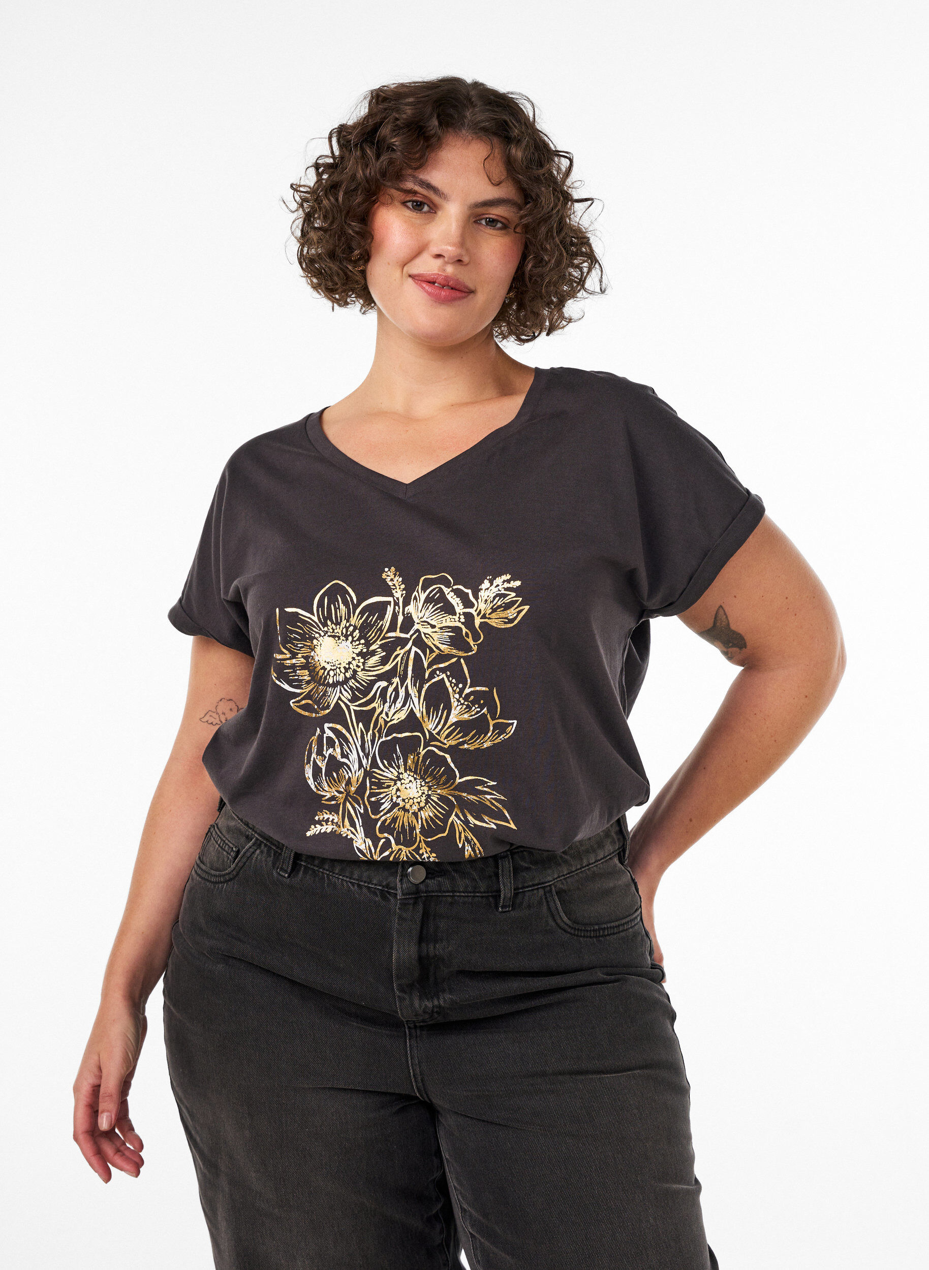 T-shirt en coton avec imprim&eacute; dor&eacute;, Gris anthracite, Model