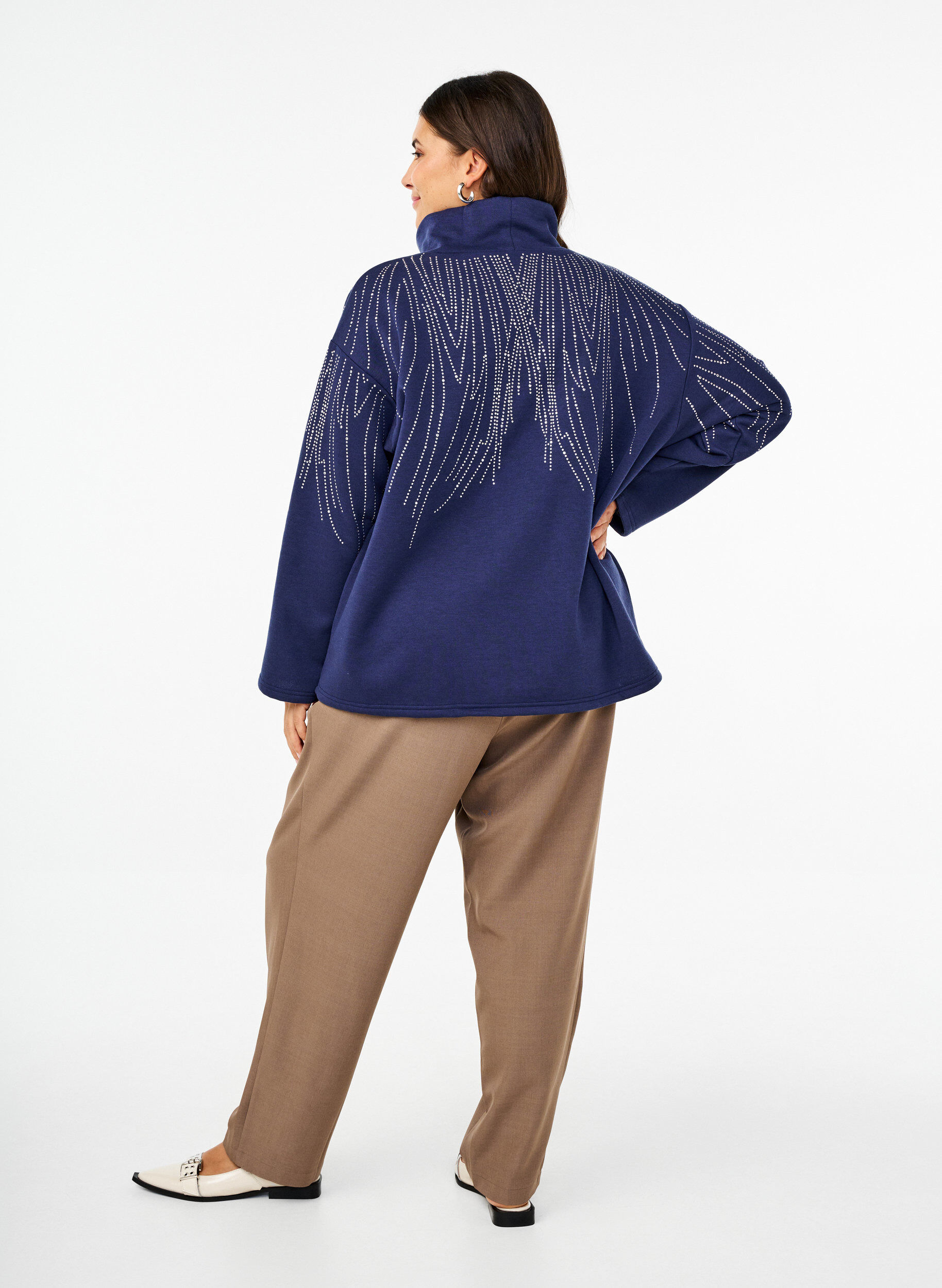 ZizziHigh-waist broek met ruches en een strikriem, Walnut Melange, Model image number 1