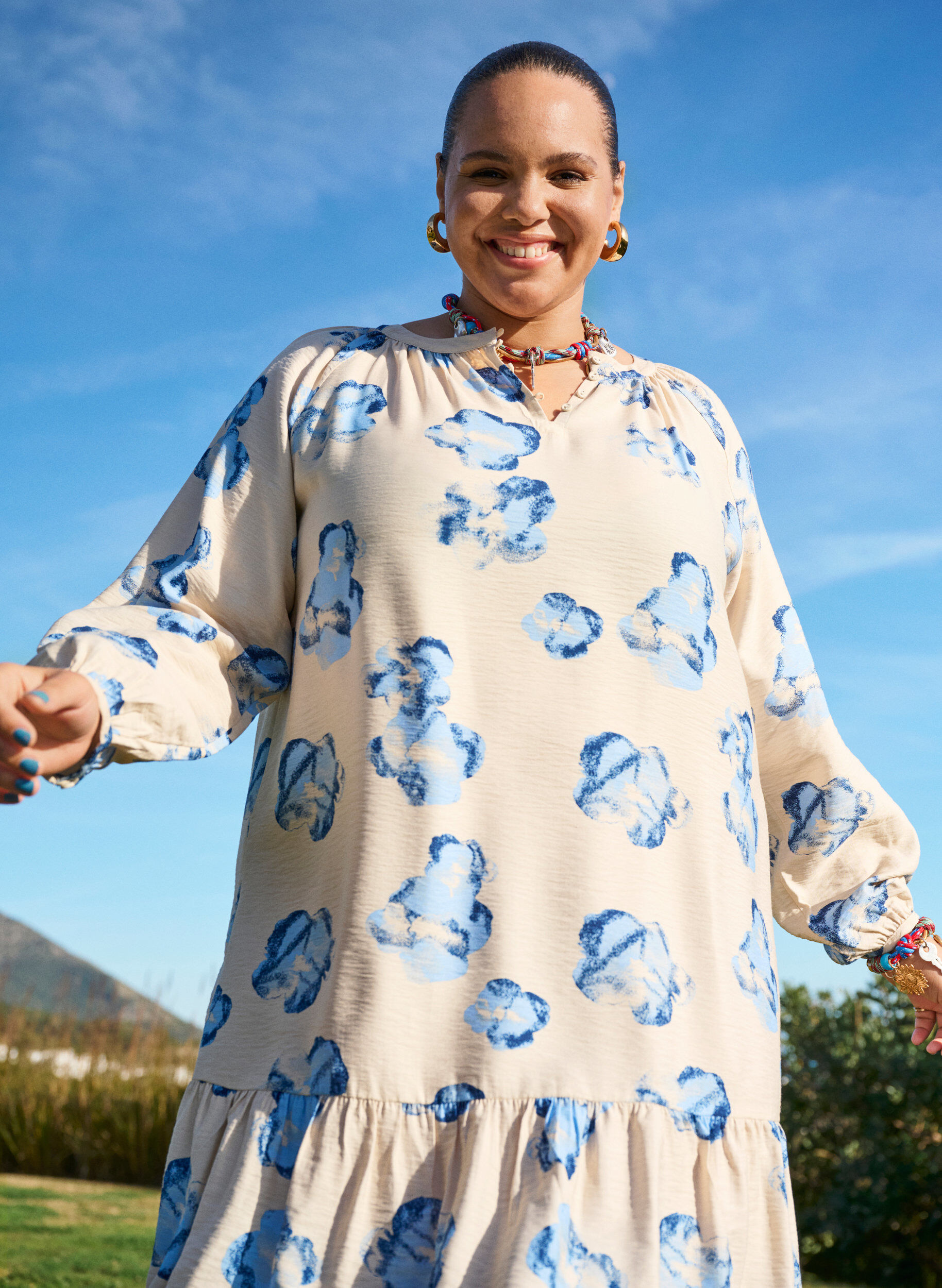 ZizziKnie-lange jurk met lange mouwen en een A-lijn snit, Vanille, Image image number 0