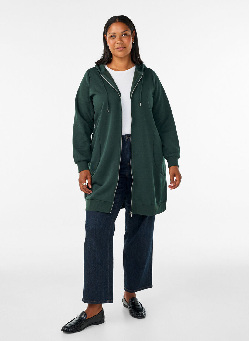 Sweat &agrave; capuche long avec zip et poches, Vert fonc&eacute;, Model image number 1