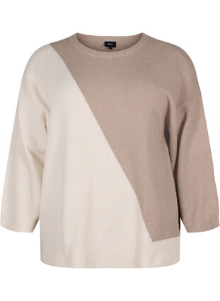 Blouse tricotée à encolure ronde et à blocs de couleurs, Simply Taupe Comb, Packshot image number 0