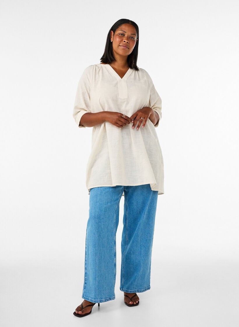 Katoenen tuniek met V-hals, Vanille, Model image number 1