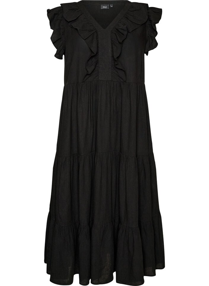 Robe midi sans manches en lin et viscose avec volants, Noir, Packshot image number 0