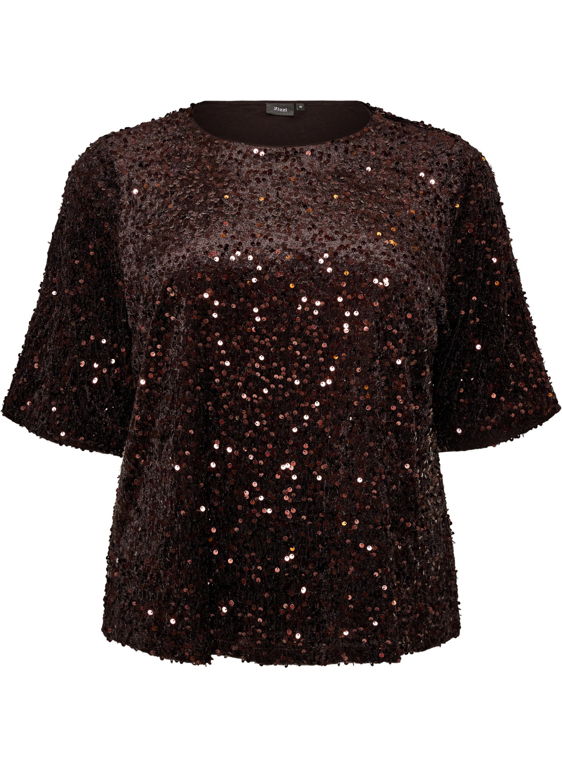 ZizziPaillettenblouse met mouwen tot de elleboog, Bruin, Packshot image number 0