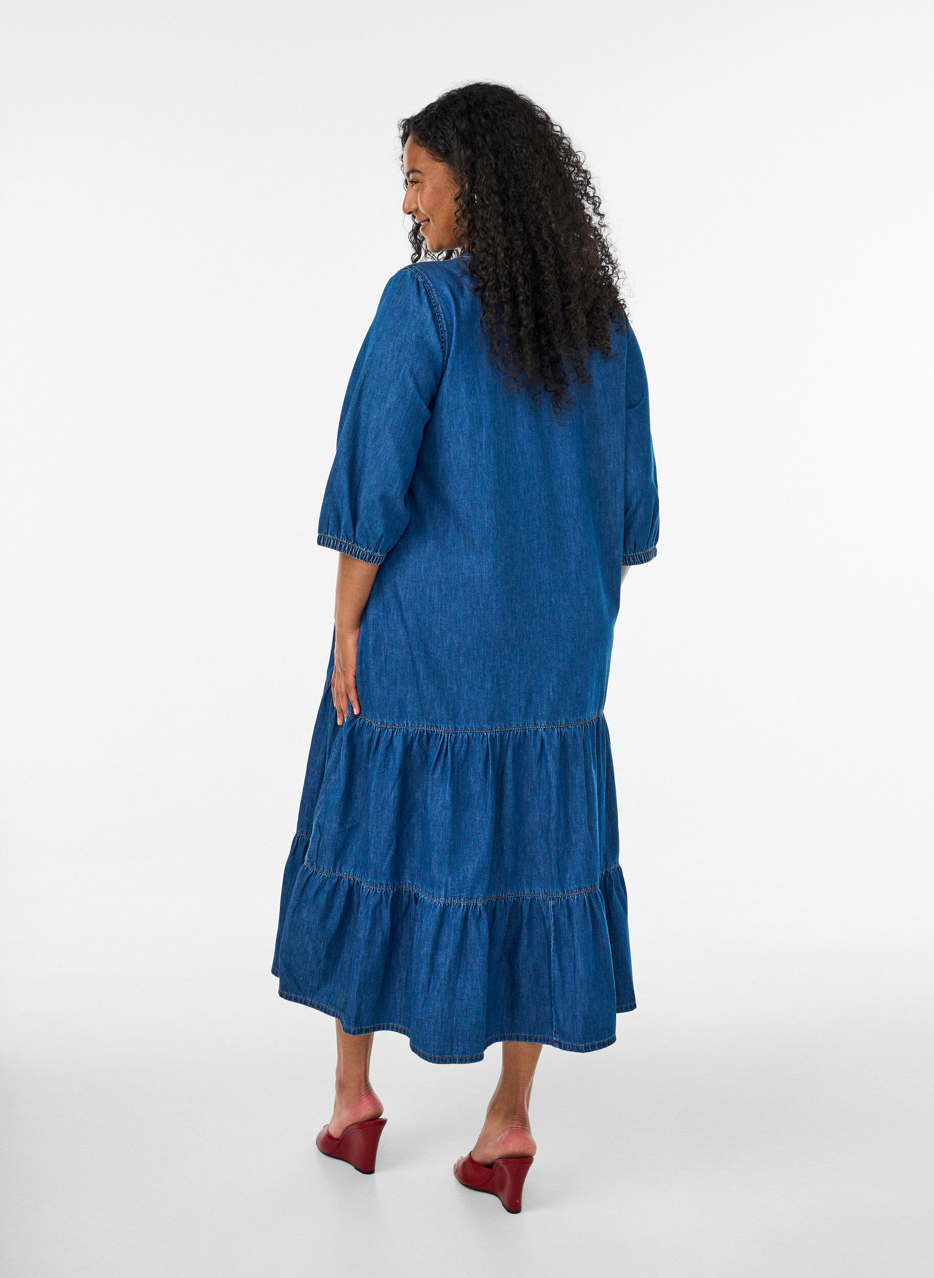ZizziDenim maxi-jurk met gerimpelde lagen, Blauw, Model image number 1