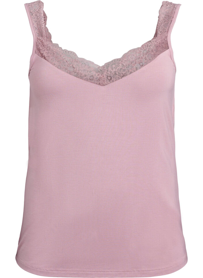 Viscose top met kanten afwerking, Roze, Packshot image number 0