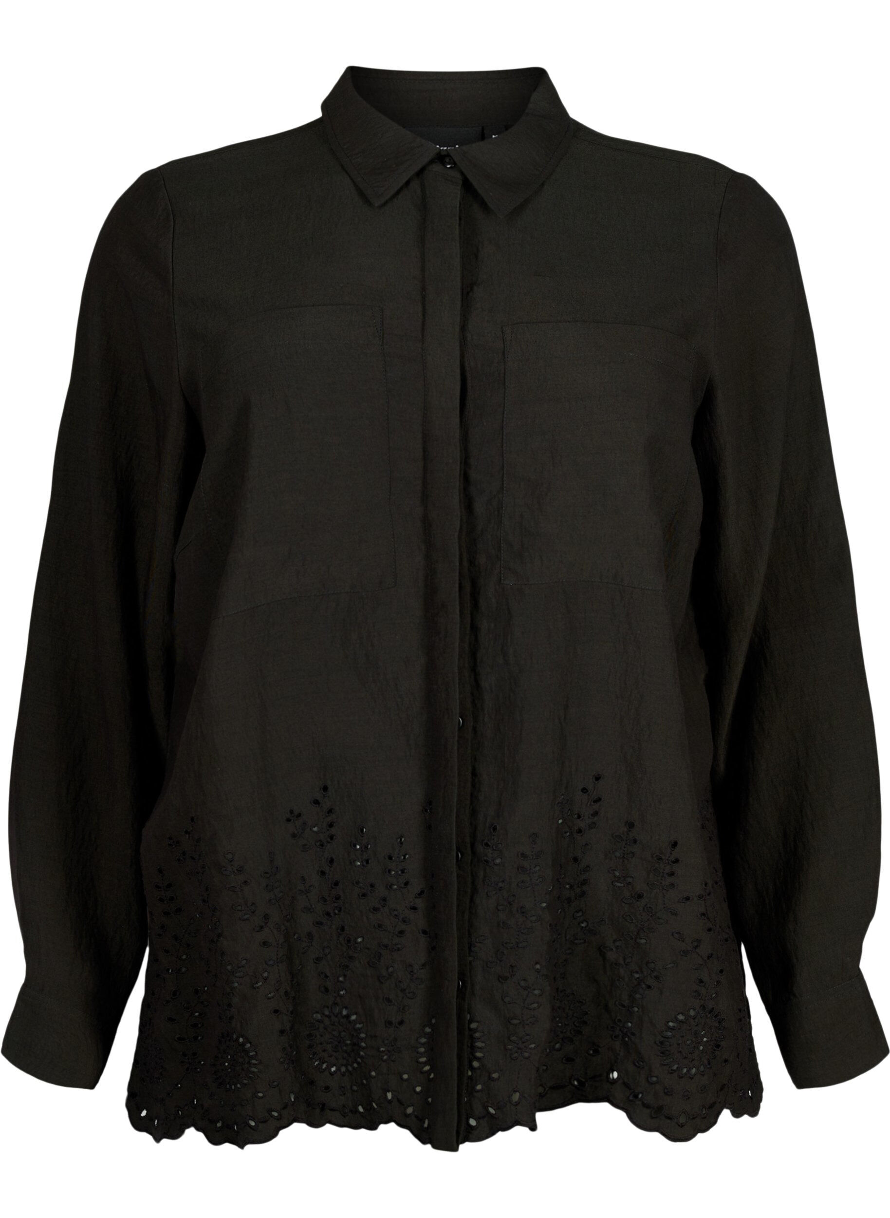 ZizziViscose overhemd met broderie anglaise, Black, Packshot image number 0