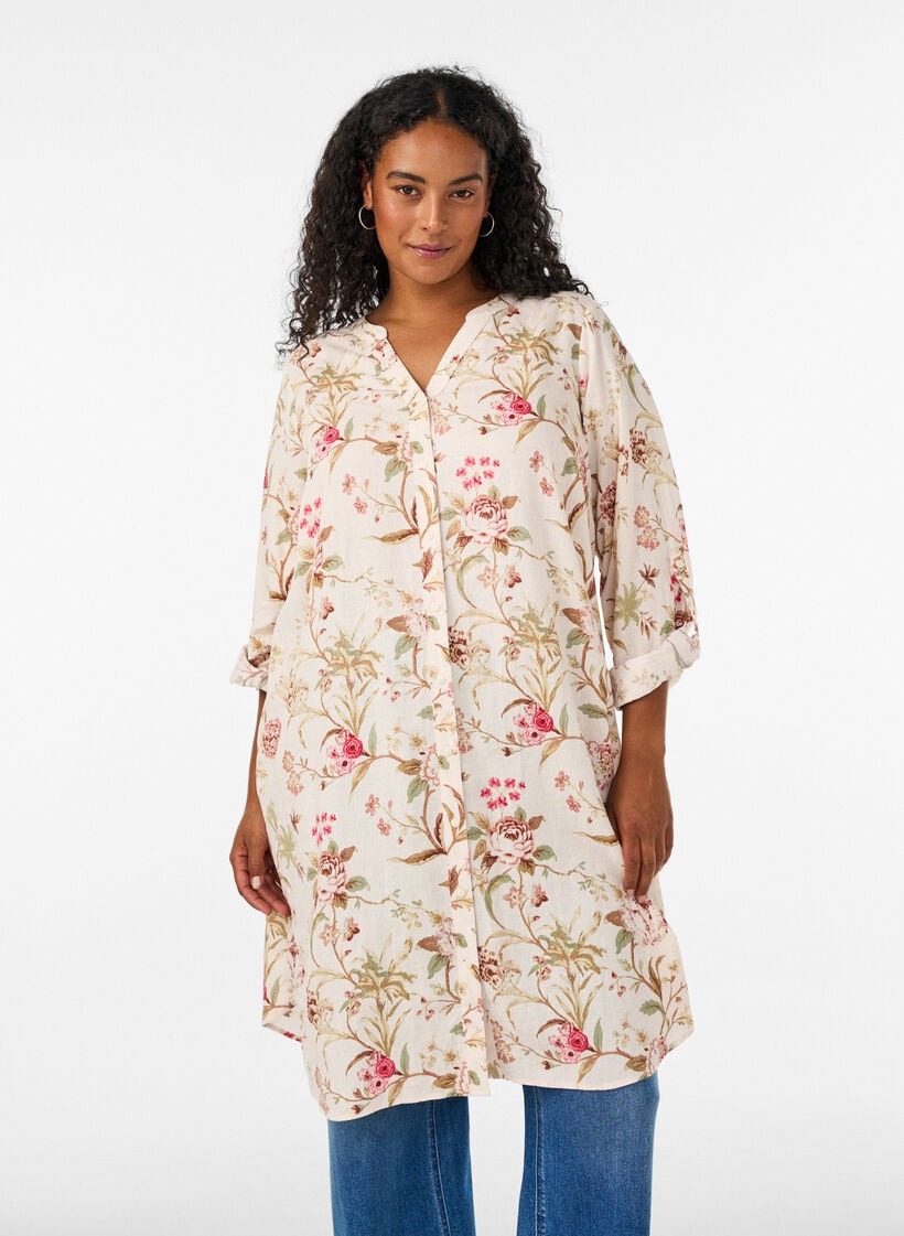Chemise longue en lin et viscose, Vanille, Model image number 0