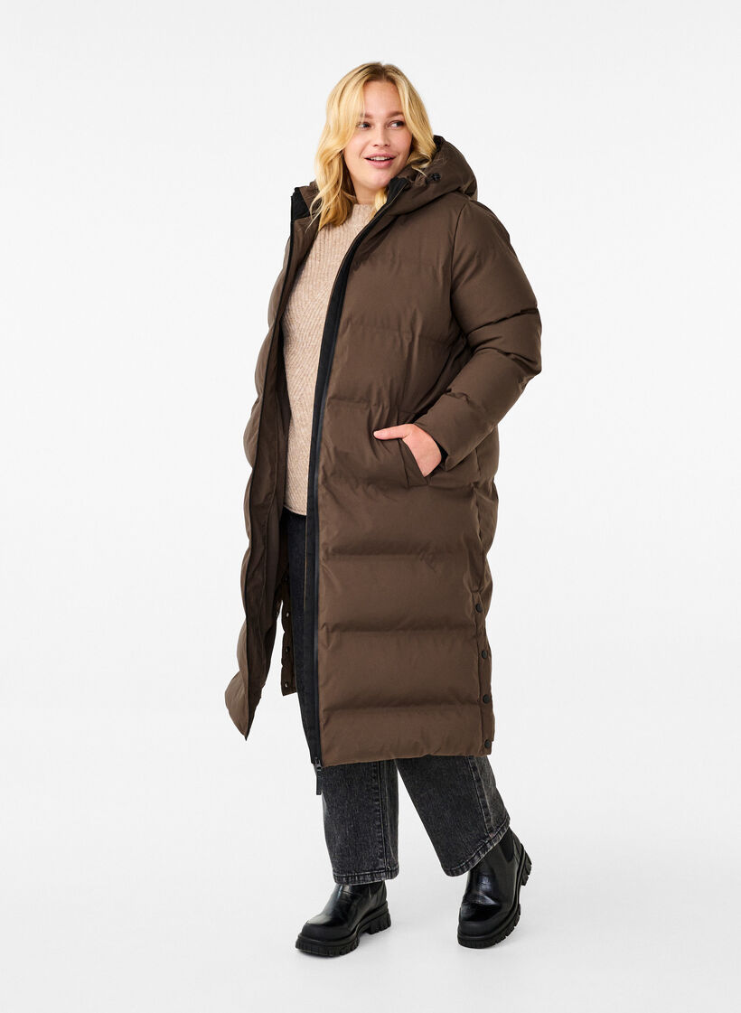 Lange puffer winterjas met capuchon, Bruin, Model image number 1