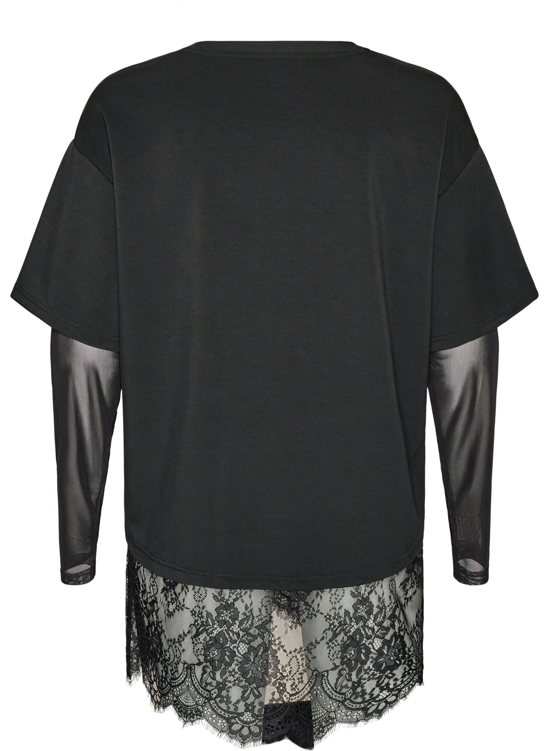 ZizziBlouse met mouwen van mesh en kanten bies, Zwart, Packshot image number 1