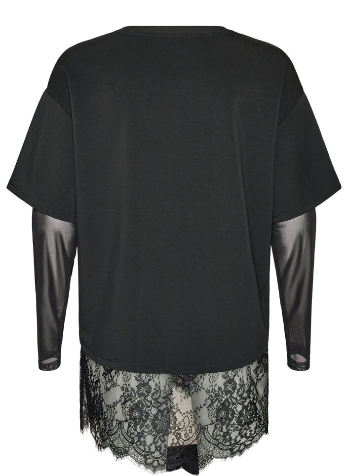 Blouse met mouwen van mesh en kanten bies, Zwart, Packshot image number 1