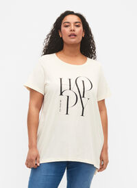 T-shirt van katoen met tekstopdruk, Buttercream HAPPY, Model