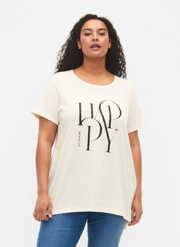 T-shirt en coton avec imprimé de texte, Buttercream HAPPY, Model image number 0