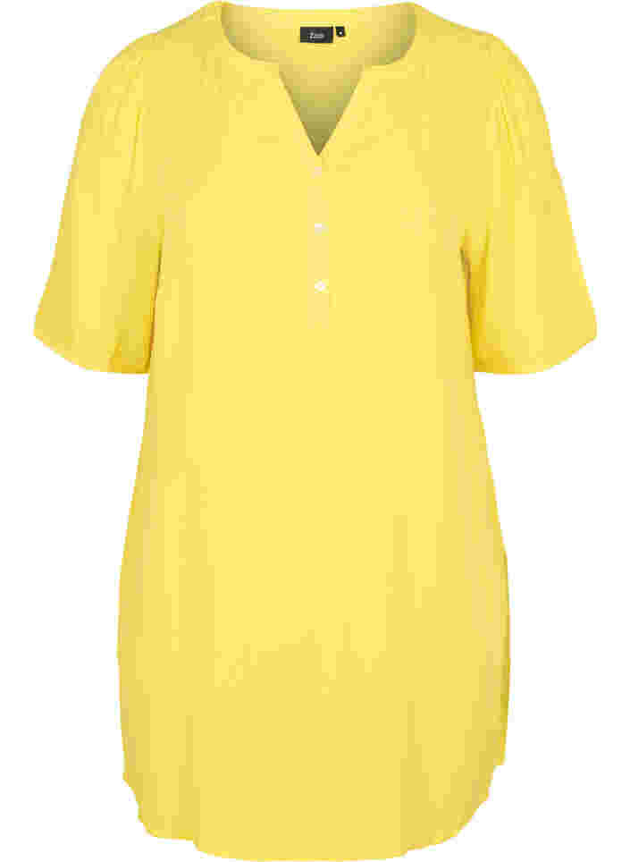 Tunique en viscose avec col en V et boutons, Primrose Yellow, Packshot image number 0