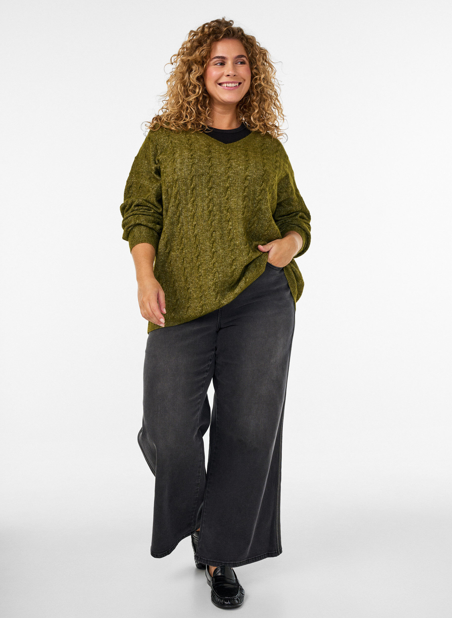 ZizziBlouse en maille torsad&eacute;e avec col en V, Vert, Model image number 1