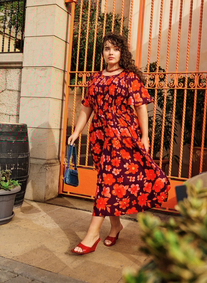 Jurk met smokwerk en bloemenprint, Paars, Image image number 0