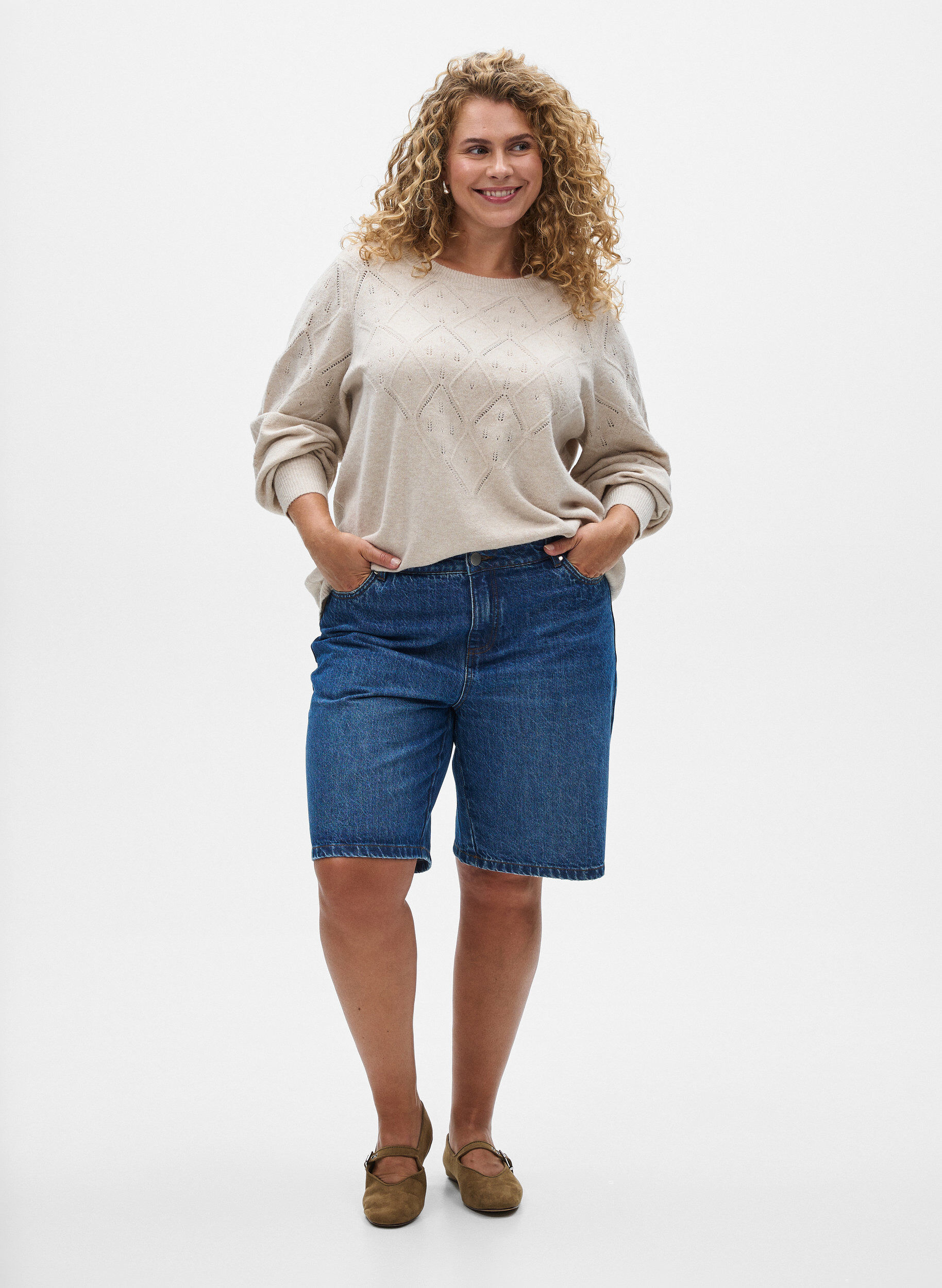 ZizziGebreide top met opengewerkt patroon en ballonnen mouwen, Beige, Model image number 1