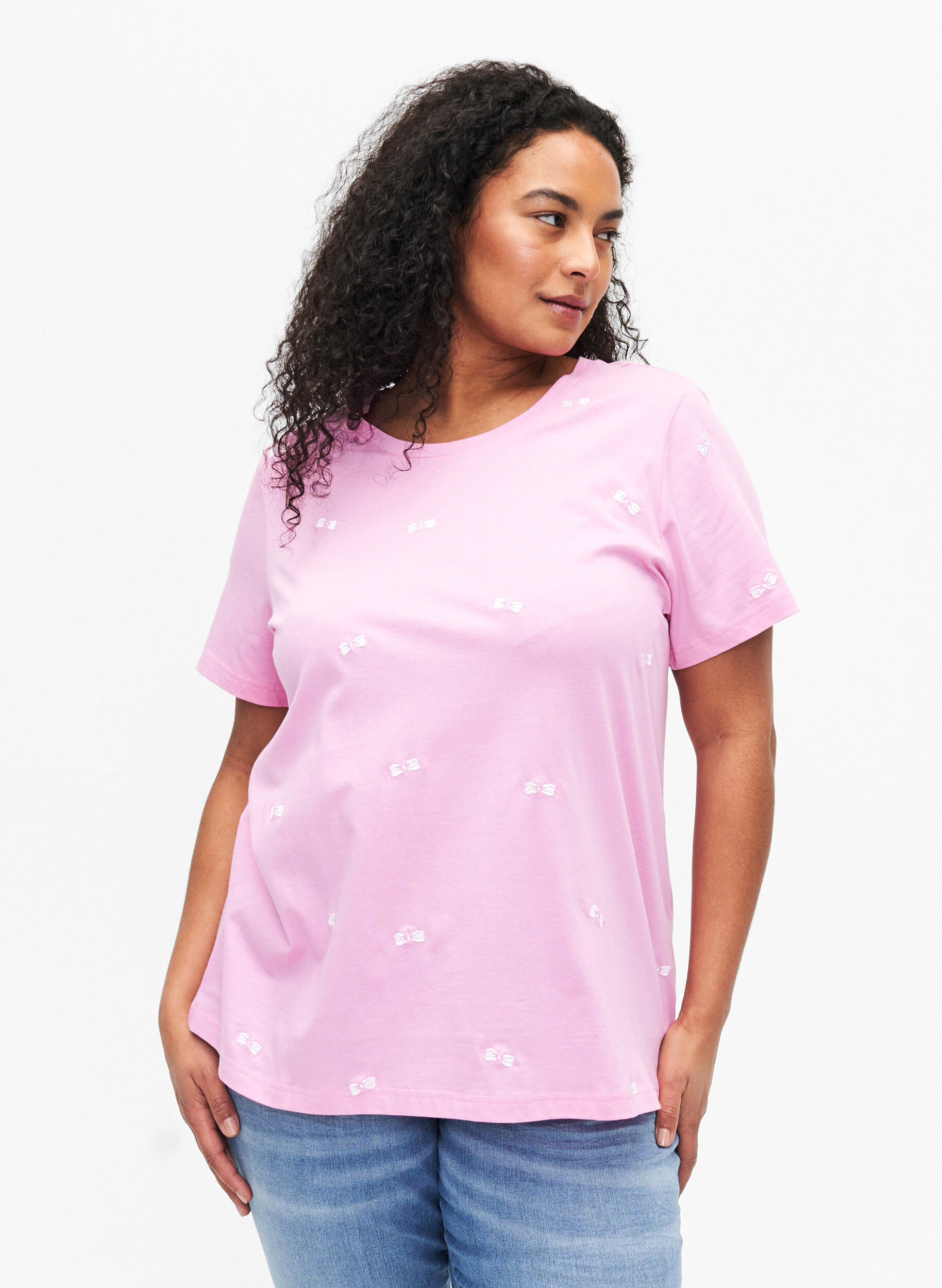 Zizzi T-shirt en coton biologique avec des n&oelig;uds, Roseb. W. Bow Emb., Model image number 0