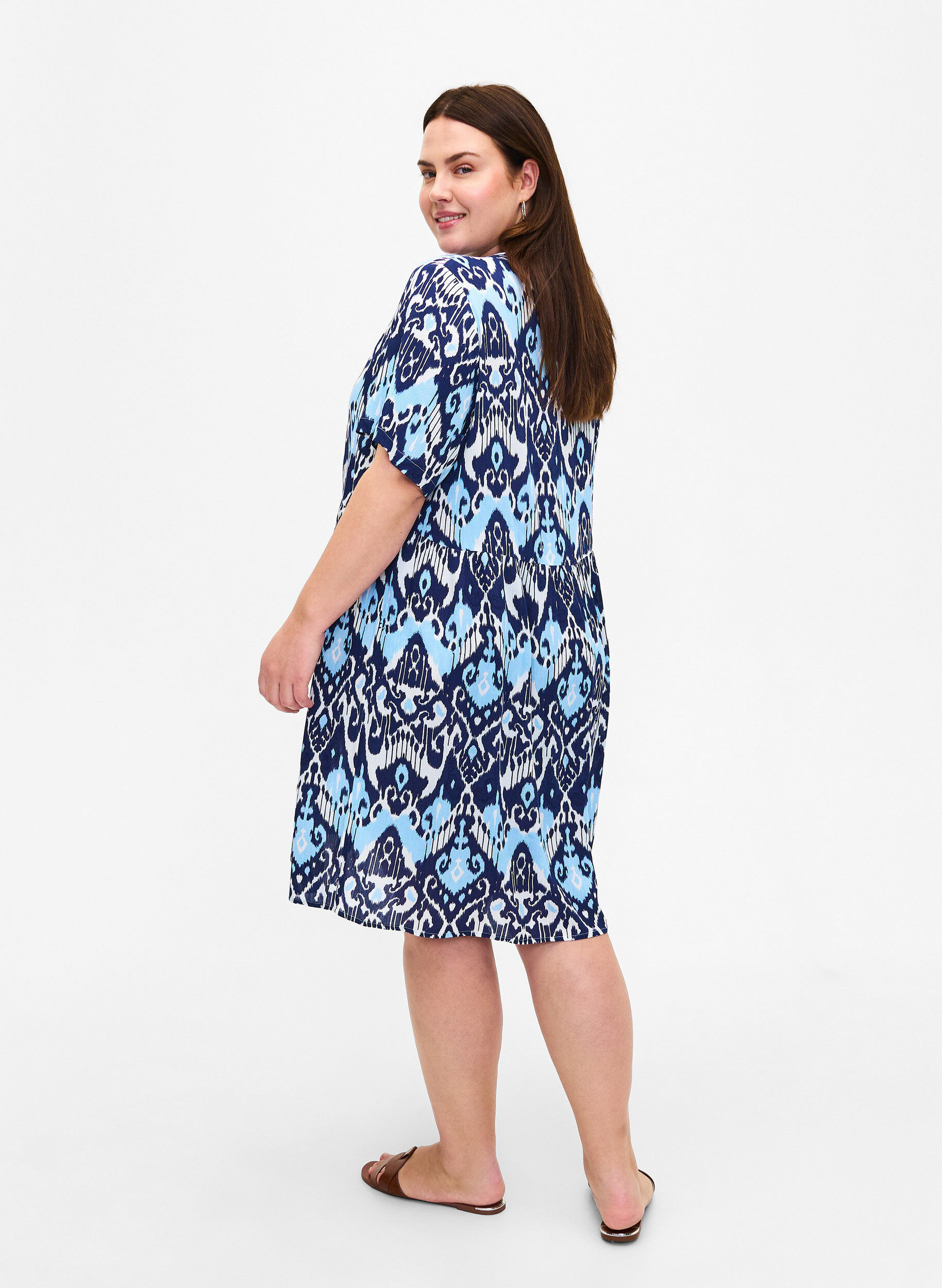 ZizziViscose jurk met korte mouwen en print, Blue Ethnic AOP, Model image number 1