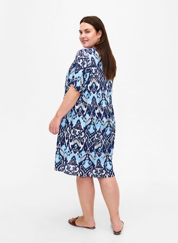 Viscose jurk met korte mouwen en print, Blue Ethnic AOP, Model image number 1