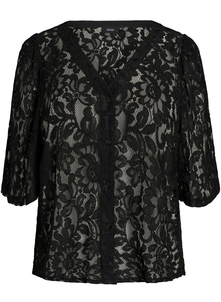 Kanten blouse met korte mouwen en V-hals, Zwart, Packshot image number 0
