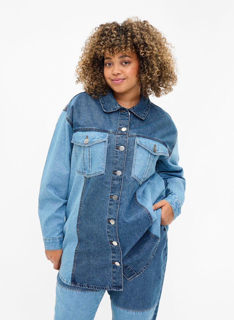 Veste en jean color block, Light Blue Denim, Model image number 0