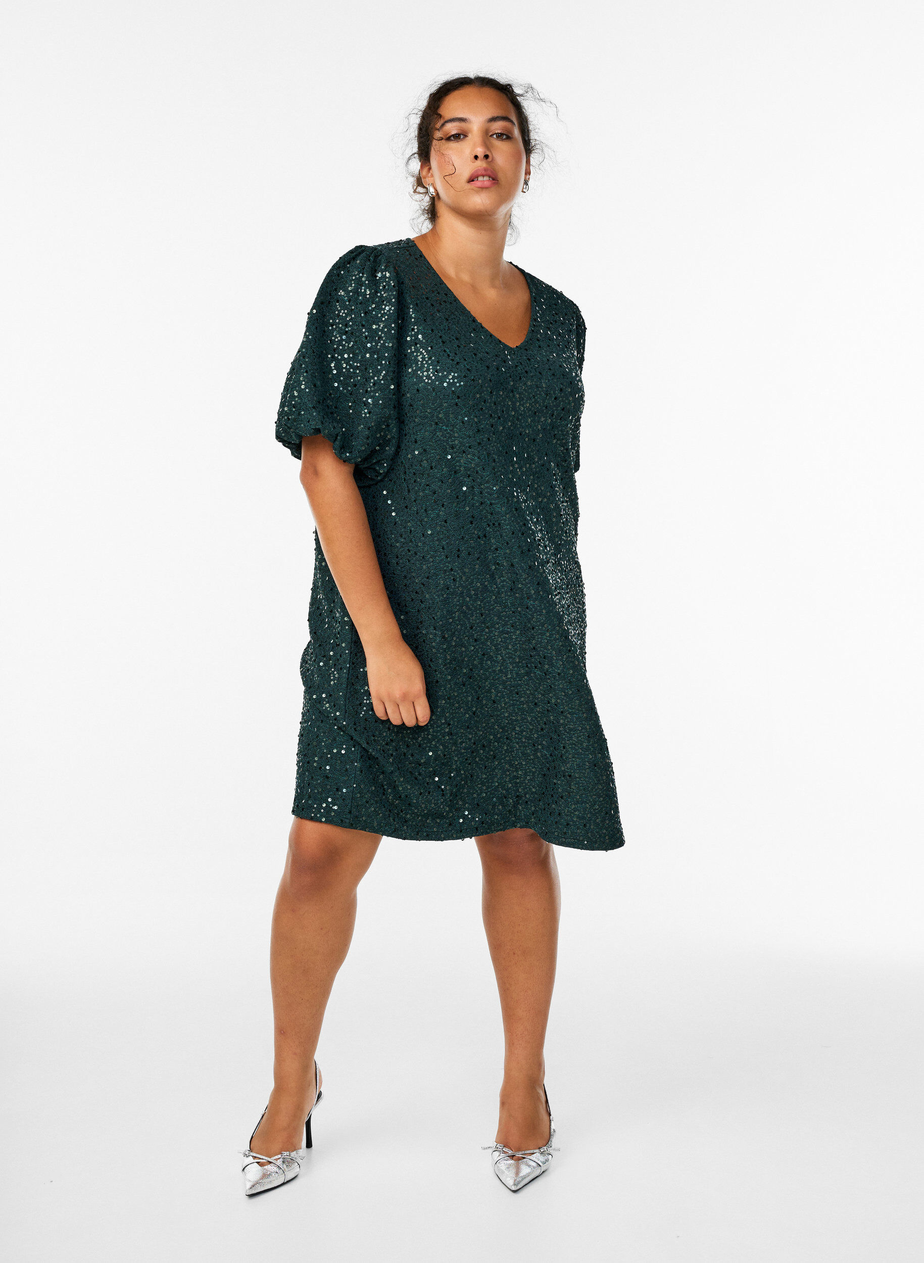 Robe courte &agrave; sequins &agrave; manches bouffantes, Vert fonc&eacute;, Model