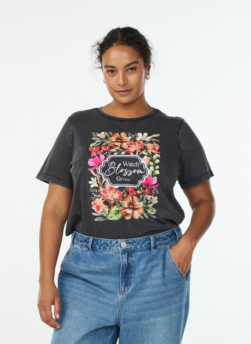 T-shirt en coton bio avec imprim&eacute;, Gris anthracite, Model image number 0