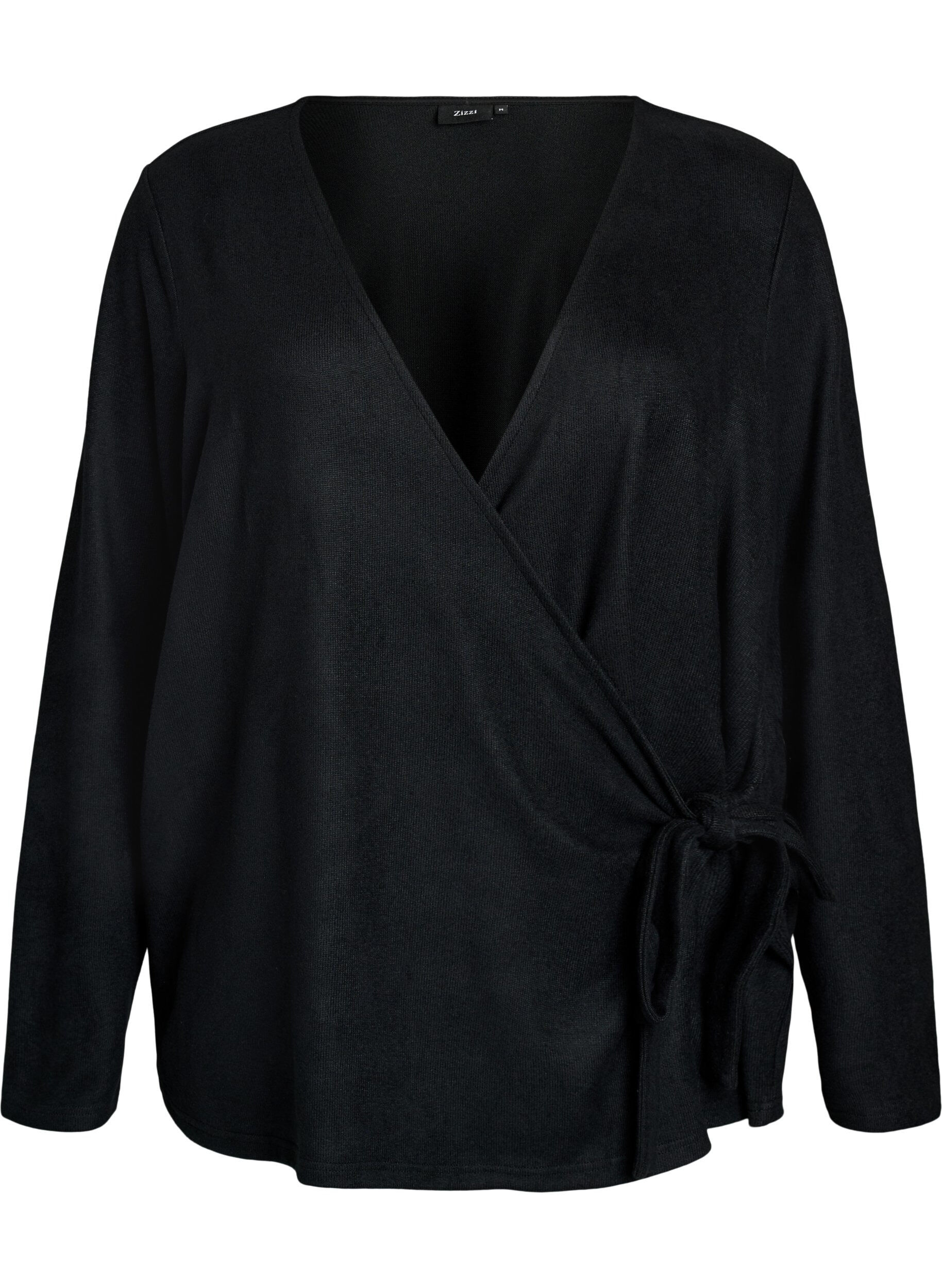 ZizziJersey wikkelblouse met een striksluiting, Zwart, Packshot image number 0
