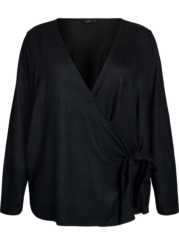 Jersey wikkelblouse met een striksluiting, Zwart, Packshot image number 0