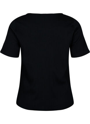 Geribd t-shirt met korte mouwen en knopen, Black, Packshot image number 1