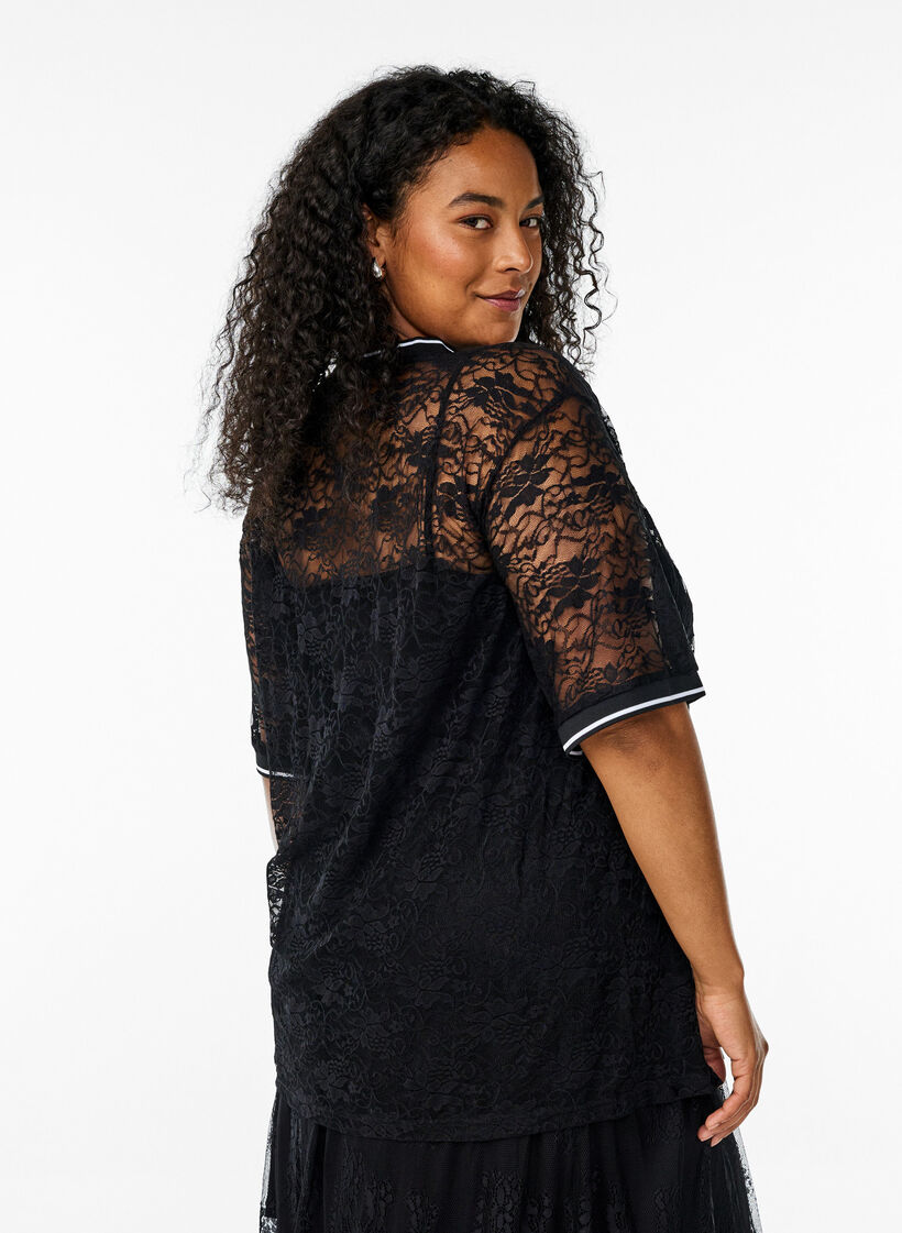 Sportief T-shirt van kant met losse pasvorm, Zwart, Model image number 2