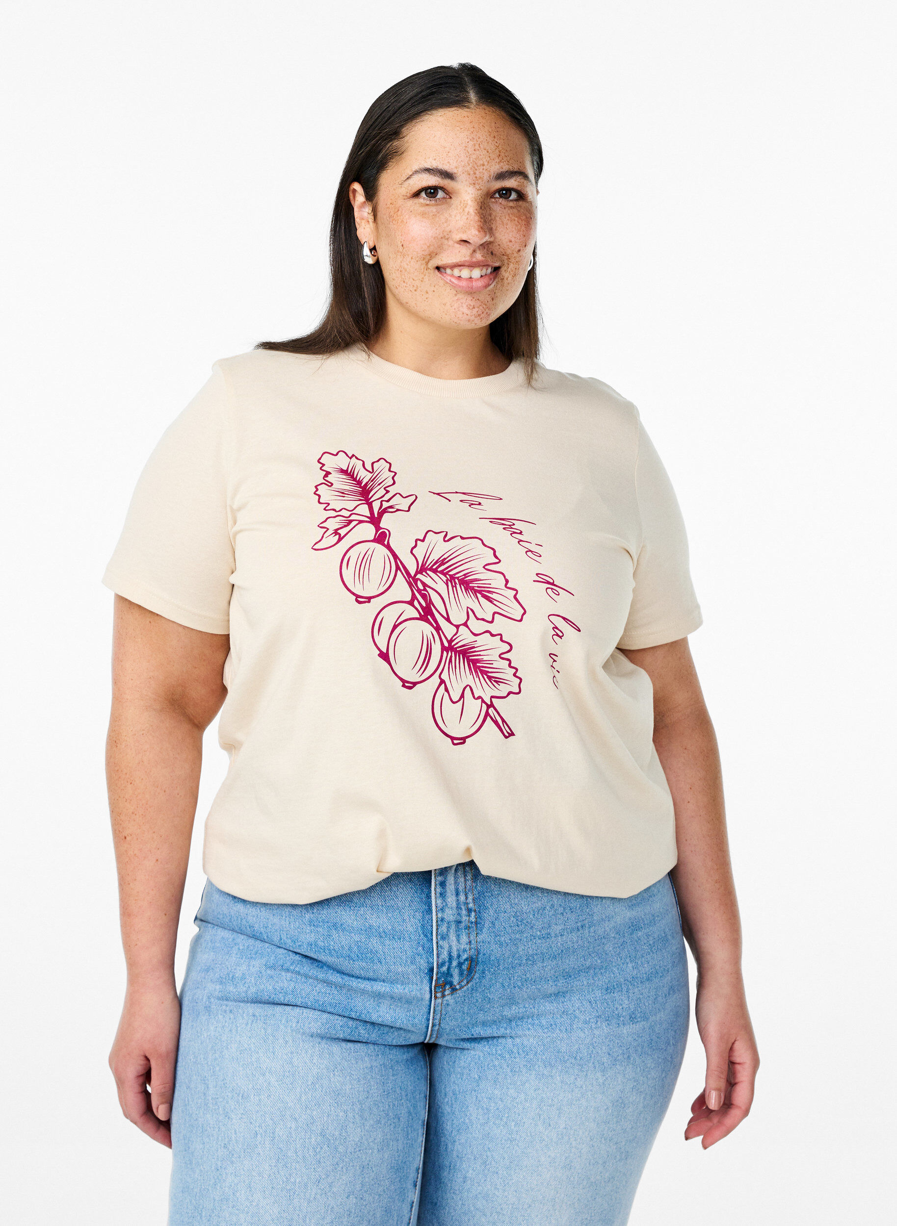 ZizziKatoenen T-shirt met print, Beige, Model image number 0