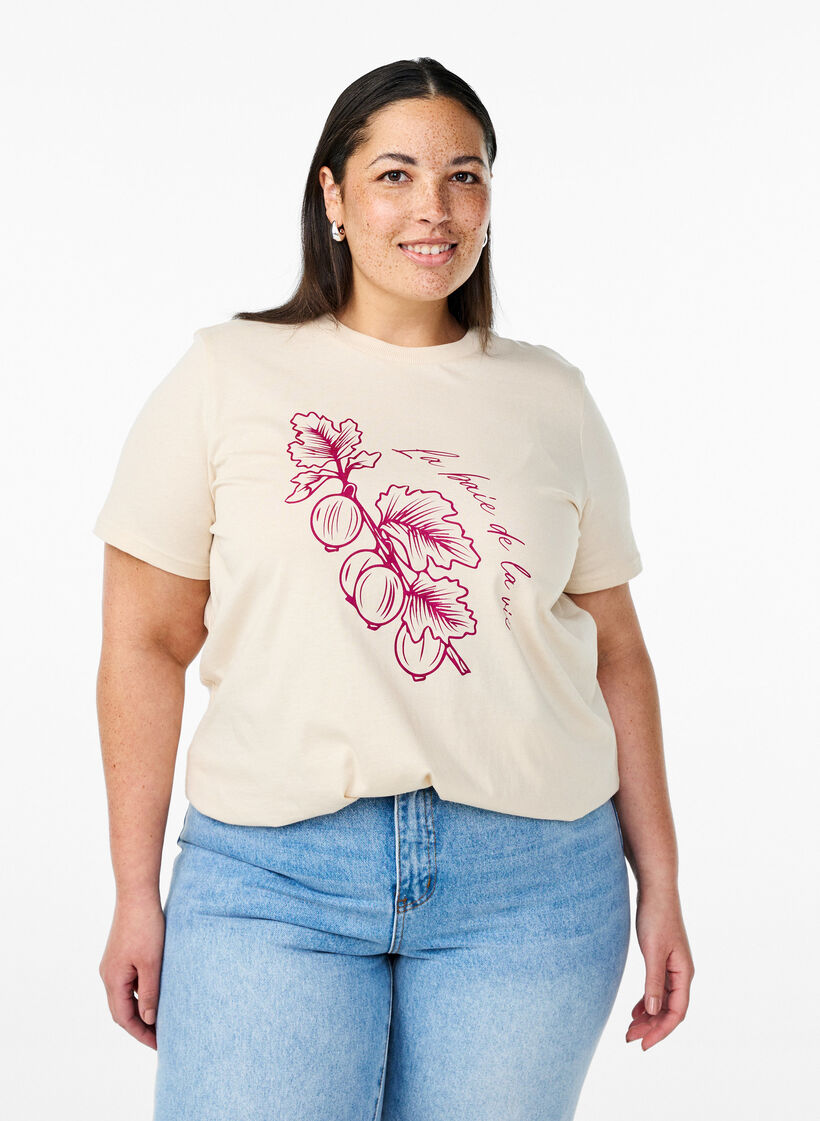 Katoenen T-shirt met print, Beige, Model image number 0