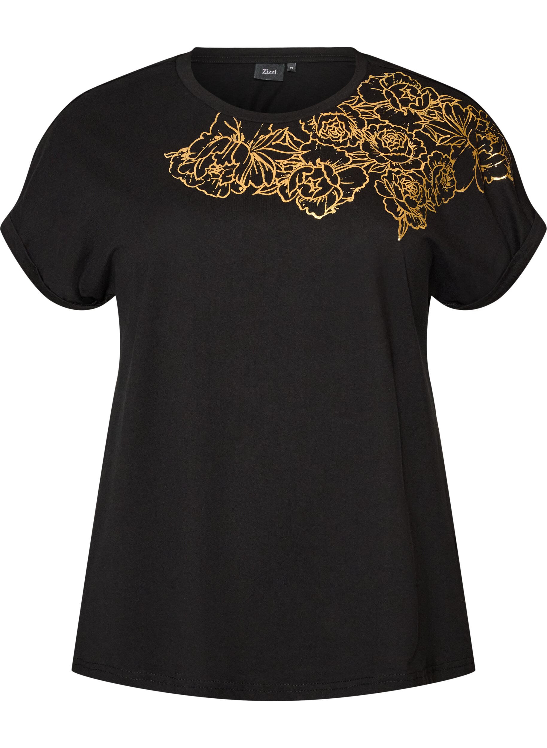 ZizziT-shirt en coton &agrave; imprim&eacute; floral, Noir, Packshot image number 0