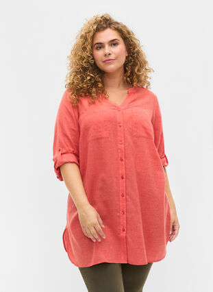 Lange blouse met 3/4 mouwen en v-hals, Hot Coral, Model image number 0