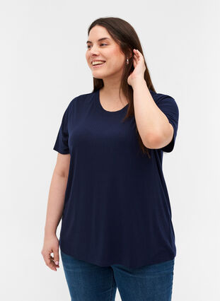 T-shirt met korte mouwen in ribstof, Navy Blazer, Model image number 0