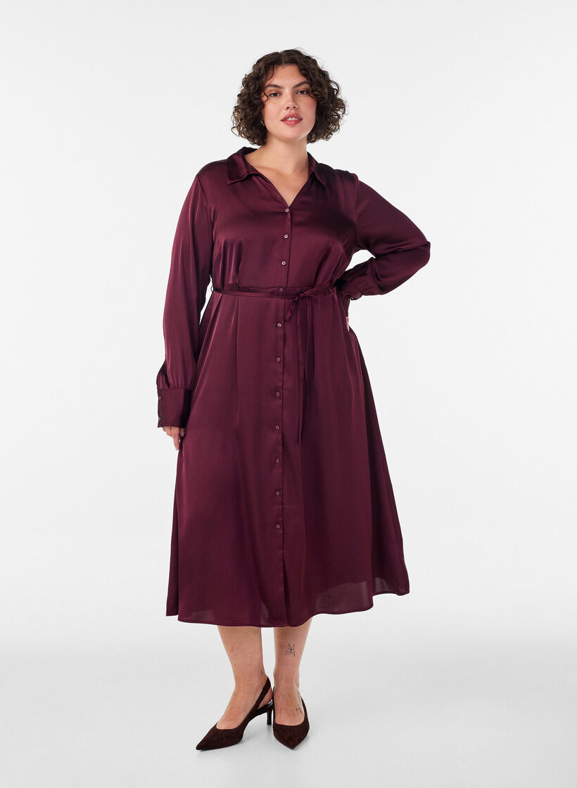 Satijnen overhemdjurk met een strikceintuur, Rood, Model image number 1