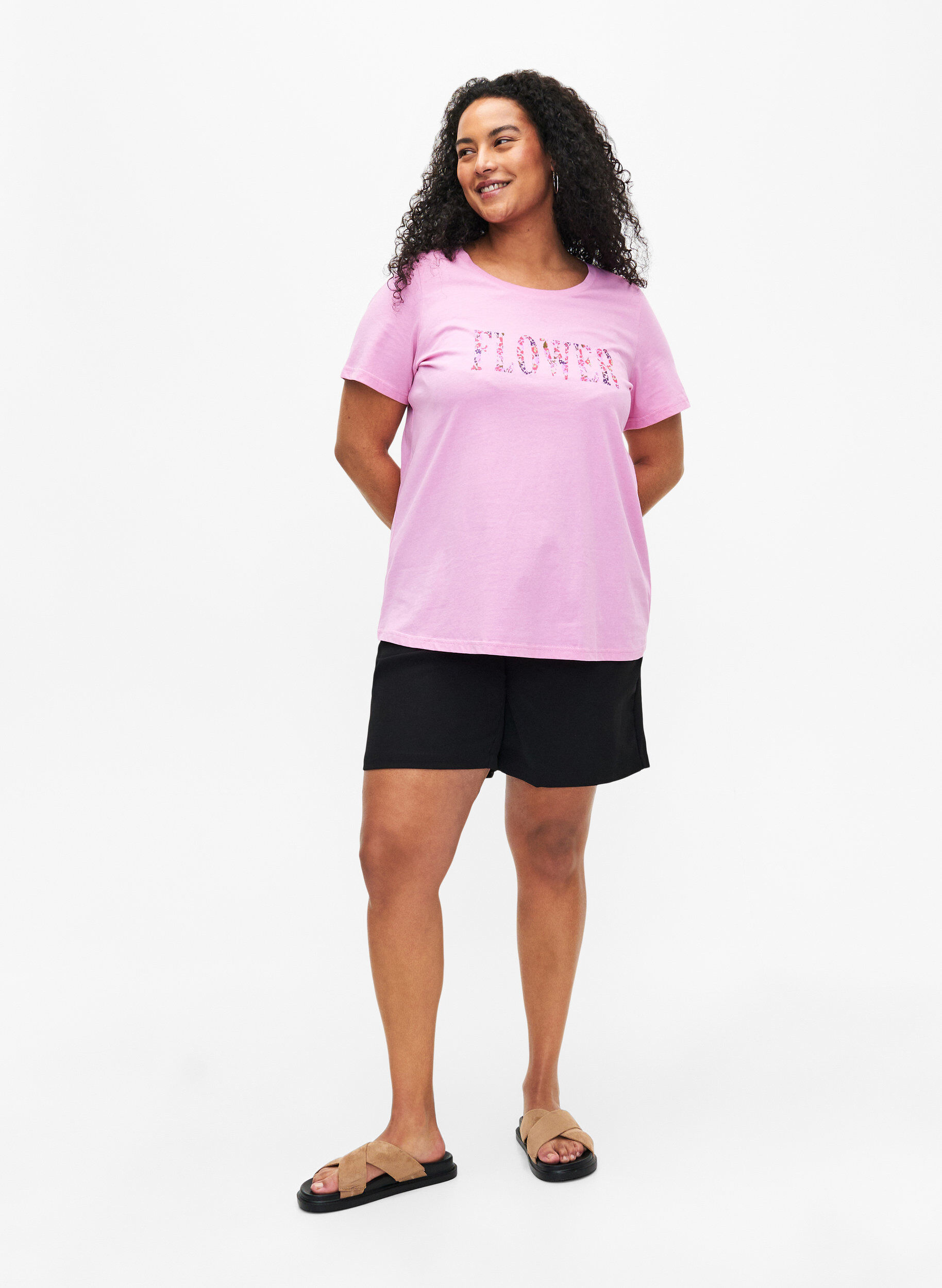 ZizziKatoenen T-shirt met tekstopdruk, Rosebloom w. Flower, Model image number 2