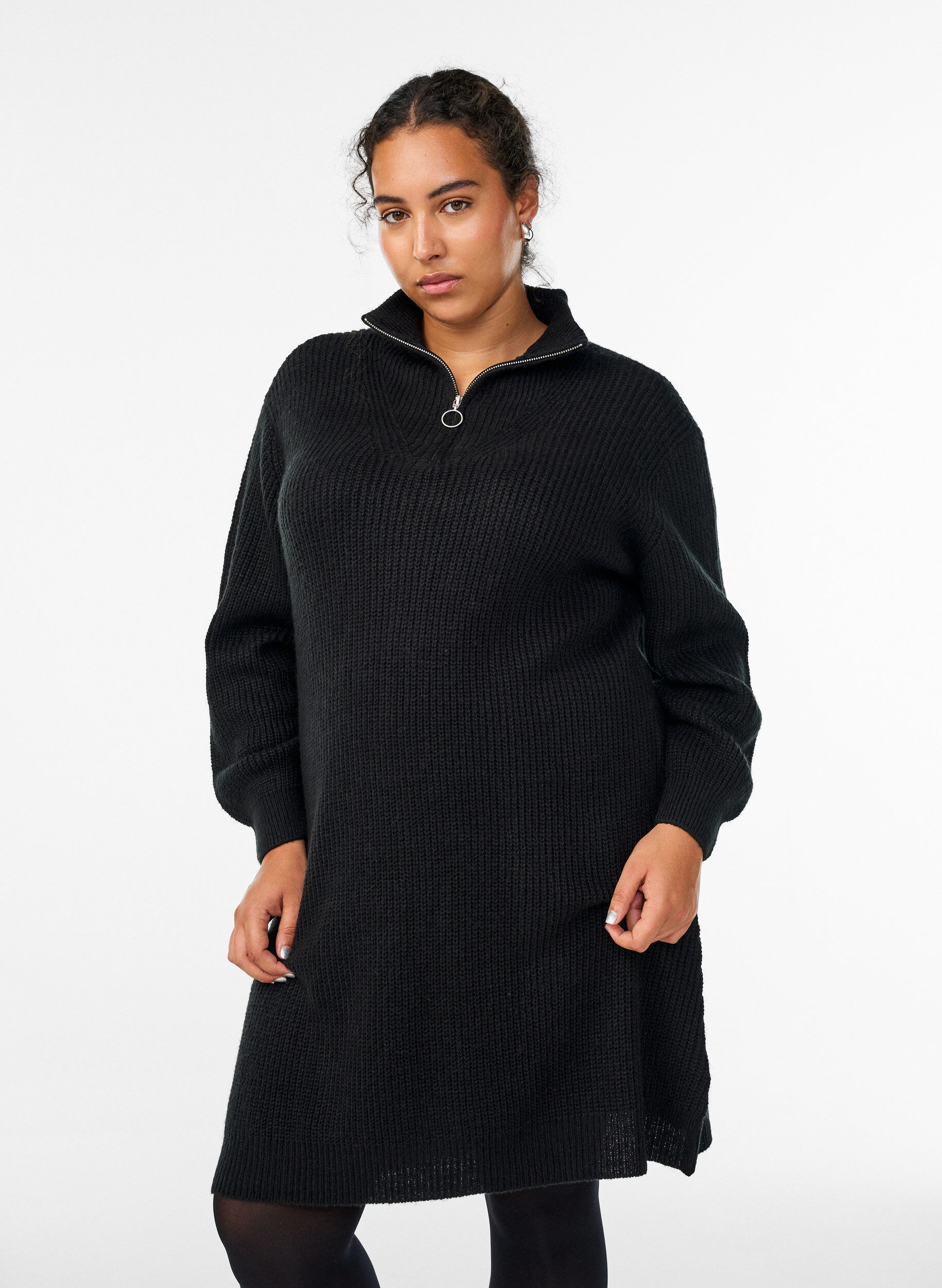 Zizzi FLASH - Robe courte en maille avec col montant, Noir, Model image number 0