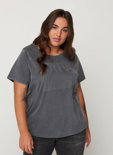 T-shirt en coton avec clous et smocks, Grey Wash, Model image number 0